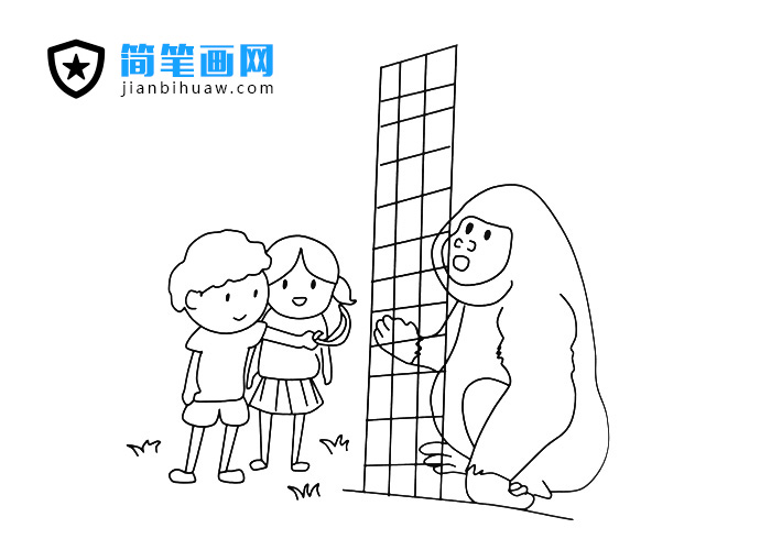 兩位小朋友在動(dòng)物園喂大猩猩吃水果的簡(jiǎn)筆畫(huà)圖片