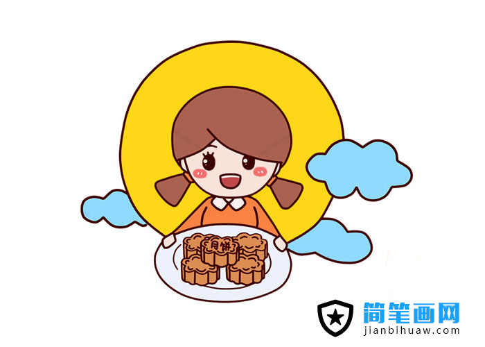 中秋節(jié)小朋友端著一盤月餅的簡筆畫圖片