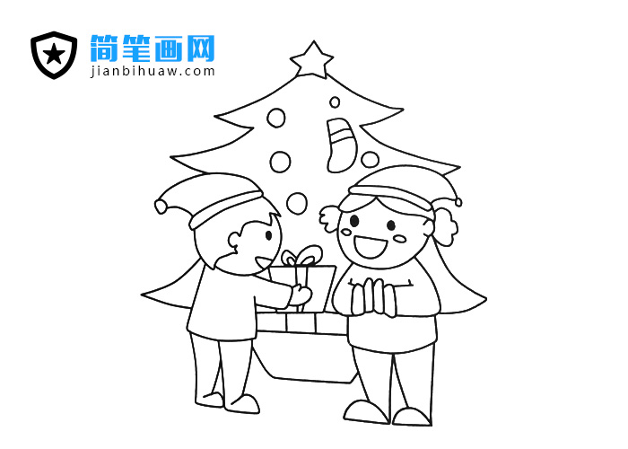 兩位小朋友圣誕節(jié)交換禮物的簡(jiǎn)筆畫(huà)圖片