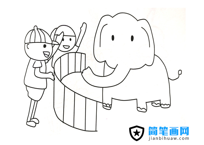 小朋友們?cè)趧?dòng)物園觀看大象的簡(jiǎn)筆畫(huà)圖片