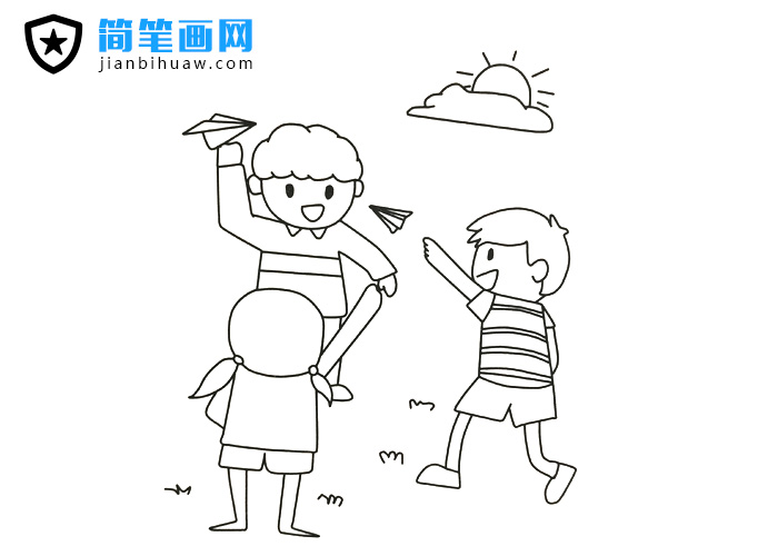 三位小朋友在戶外玩紙飛機(jī)的簡筆畫圖片
